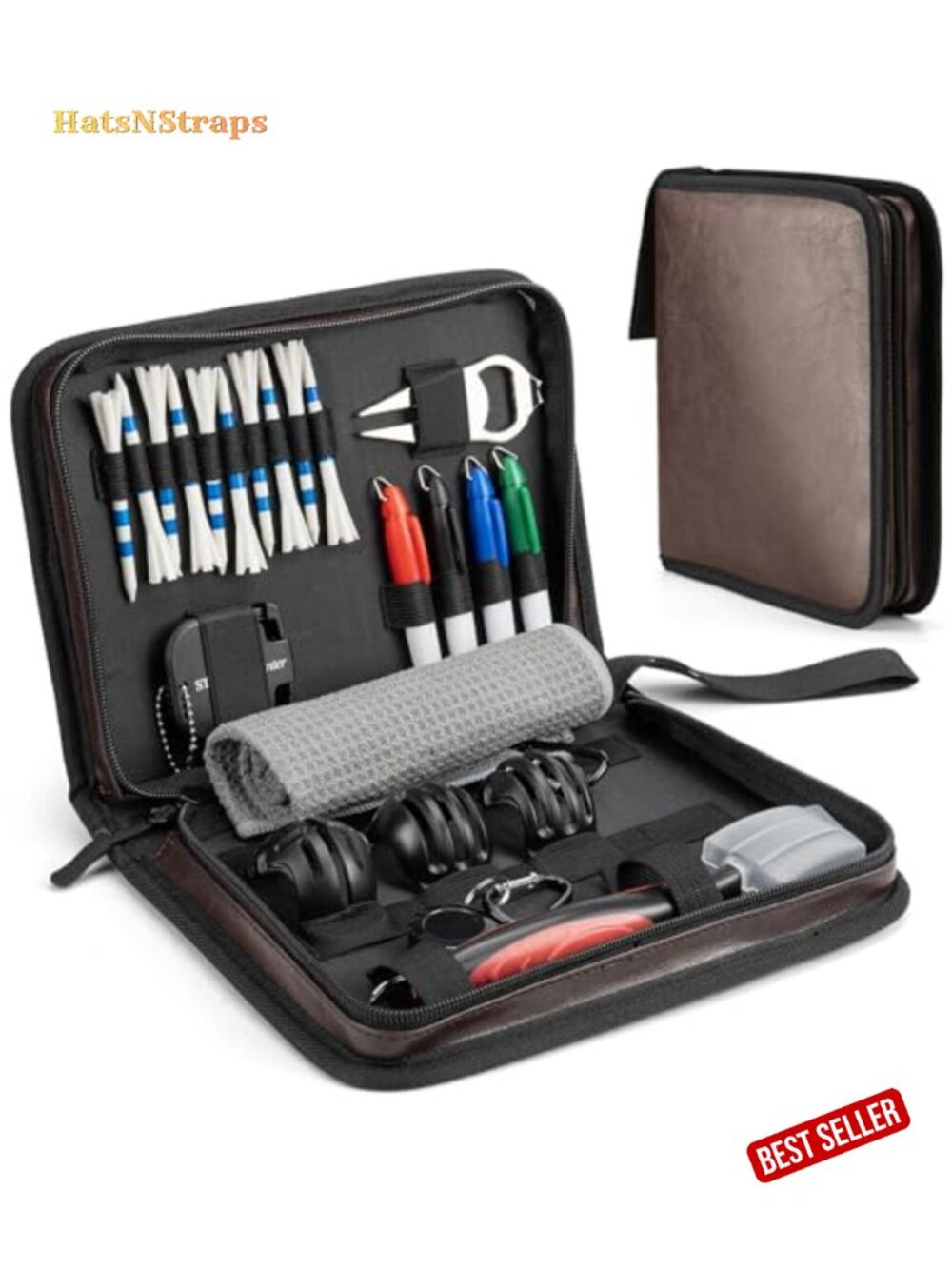 Golf Accessories Gift Set with PU Leather Case, Towel, Brush, Divot Tool, Tees,